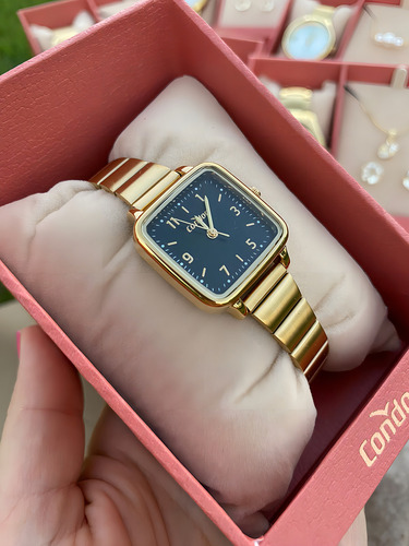 Relógio Feminino Quadrado Dourado Condor Prova D'água