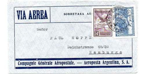 Argentina 1931 Sobre Via Aérea Cia Gral Aeropost A Hamburgo 