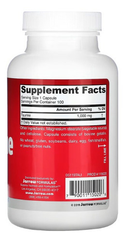 Jarrow Formulas, Taurina, Suplemento Alimentario, 1000 Mg, 100 Cápsulas, Desempeña Un Papel Importante En El Sistema Nervioso Central Y En La Citoprotección. Además, Mejora La Visión.