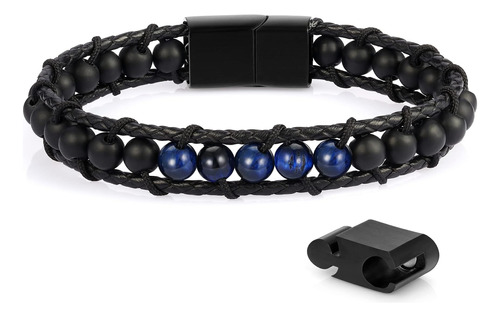 Pulseras De Ojo De Tigre Azul Para Hombres, Cuero Negro Ágat