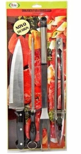 Kit Churrasco Faca Afiador Pegador Garfo 100% Inox Original