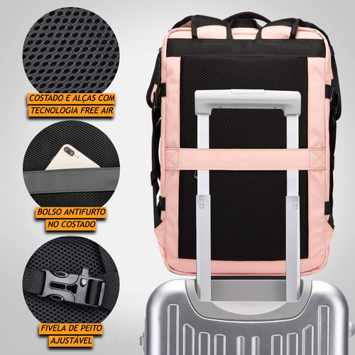Mochila Executiva Para Viagem Expansível Entre 27-40 Litros Cor Rosa