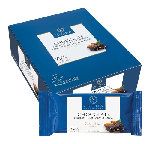 Zisnella Chocolate Oscuro Con Almendras 70% Cacao 12 Uds 30g