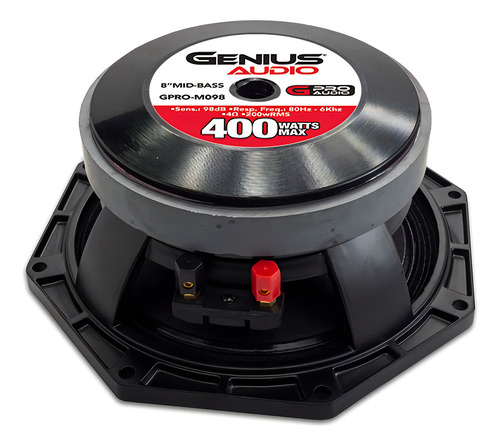 Genius Gpro-m098 - Medio Rango 8 Octagonal De Neodimio Para Coche, 400 W, Máx. 4 Ohmios, Diseño De Cono De Papel