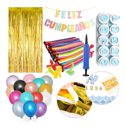 Kit Set Fiesta De Cumpleaños Globos Cortina Cortadores