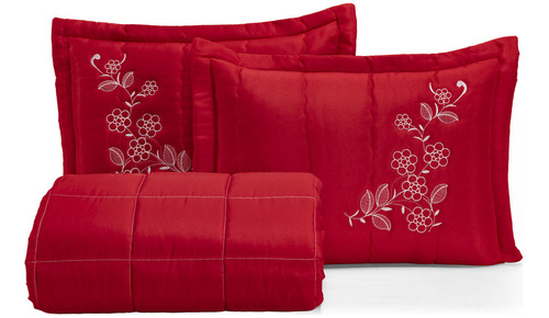 Cama Viuva Flora Casal 3 Peças Bordada Cama Toque Macio Cor Vermelho