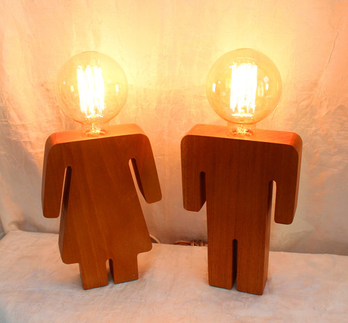 Pareja De Lámparas De Mesa Madera Cedro, Foco Tipo Edison.