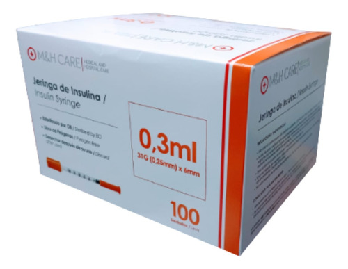 Jeringa De Insulina 0.3 Ml X 31g(0.25 Mm) X 6 Mm. Caja X 100 Capacidad En Volumen 1 Cc