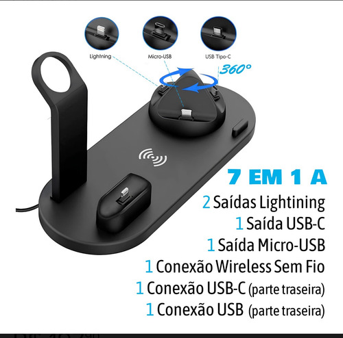Base De Carregamento Indução 7 Em 1 Para Iphone E Smartphone Preto