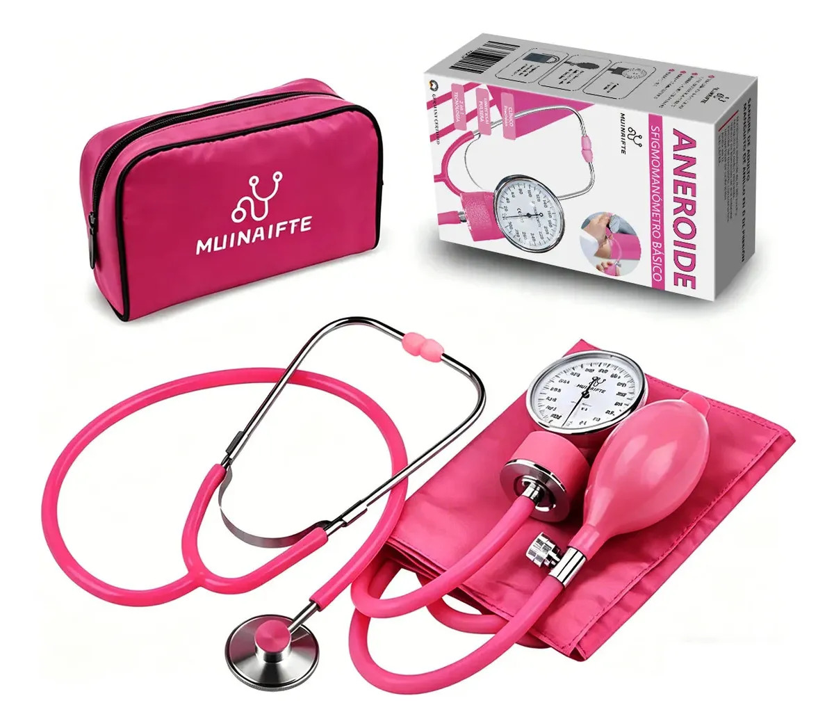 Kit Médico Baumanómetro Rosa Aneroide Con Estetoscopio De Campana, Brazalete 23-32 Cm