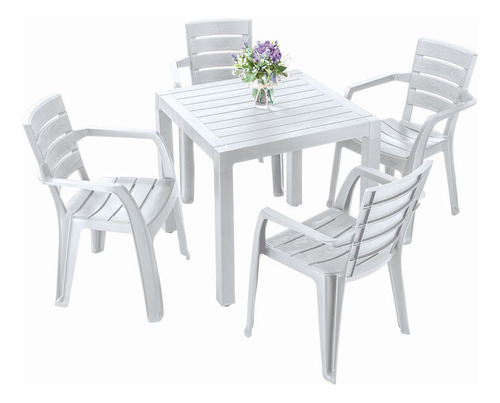 Comedor Plástico Tipo Madera 4 Puestos Gris Exterior Jardin