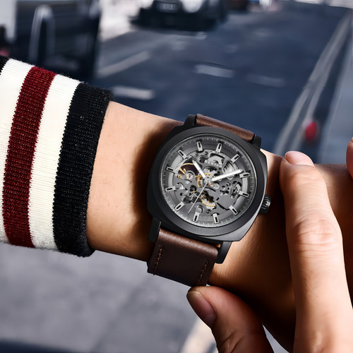 Benyar Hombres Ahuecan Los Relojes Mecánicos De Cuero Color Del Fondo Black/gray