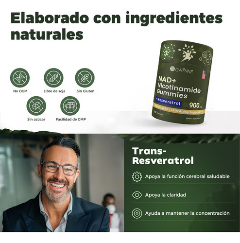 Gwynne Nad+ Suplemento Liposomal De Nicotinamida Ribosida Con Resveratrol Y Quercetina Y NAD 900mg Contiene Vitamina K2, D3 Y Quercetina 60 Gominolas