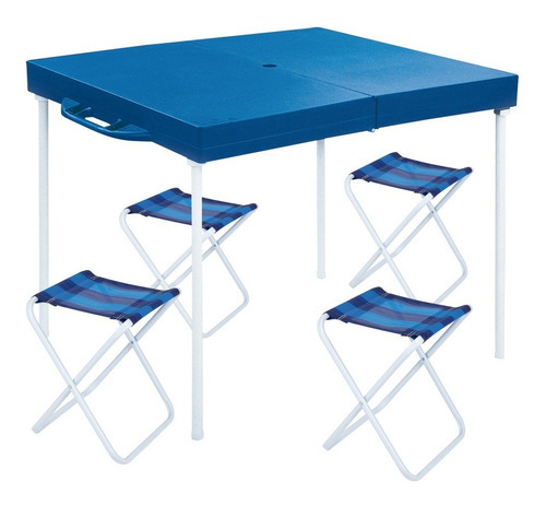 Mesa Prática Com Banquetas Camping  Em Forma De Maleta Mor Cor Azul