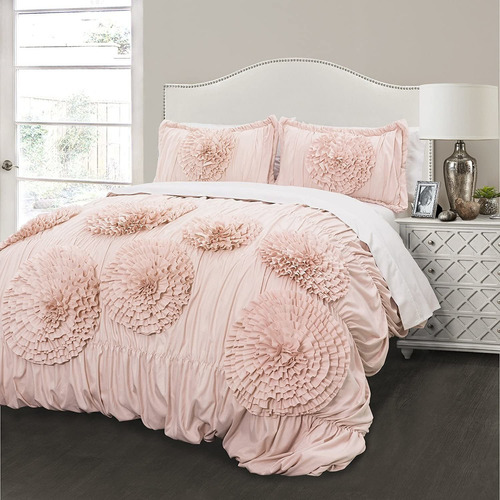 Serena Comforter  Blush Ruched Flower Juego De 2 Piezas...