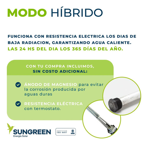 Termotanque Solar Sungreen 200l 5 Pers Presur Hp + Resistenc Color Plateado