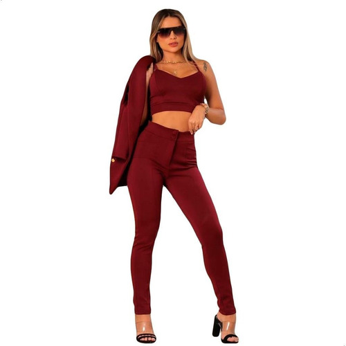 Conjunto Feminino Max Blazer Longo Botões Cropped E Calça