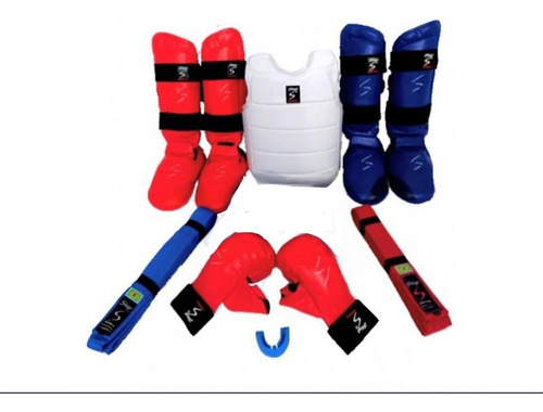 Kit, Karate.shigo,1pr Torax +1p,luva+2p.canel+2faixa+1bucal Vermelho P,m,g