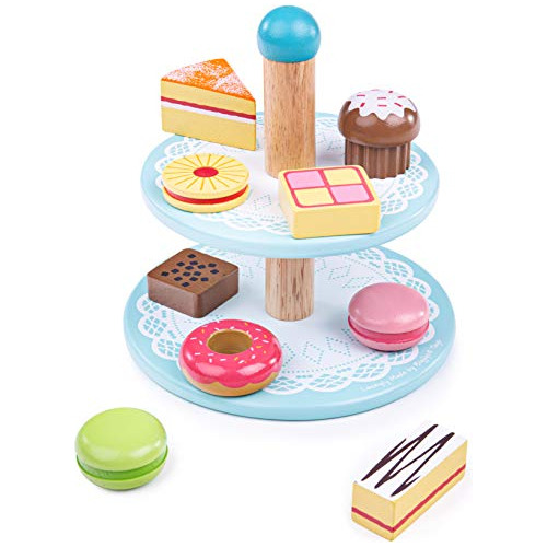 Bigjig Toys Wooden Cake Stand With 9 Wooden Play Food Cakes