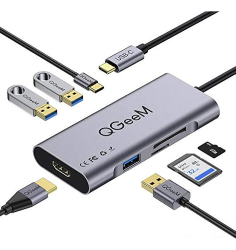 Adaptador Usb C Hub Hdmi, Qgeem 7 En 1 Tipo C Hub A Hdmi 4k,