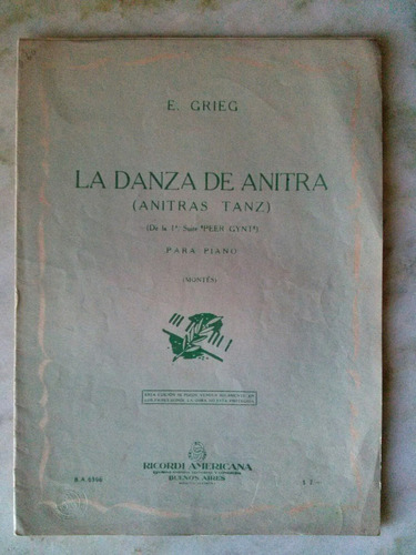 Partitura P/piano, La Danza De Anitra, De E. Grieg