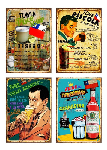 4 Carteles Metalicos Pisco Sour-piscola-terremoto-tome Chela