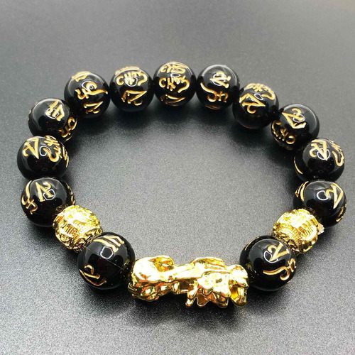 Pulsera Original Feng Shui Piedras Obsidiana Pixiu Oro