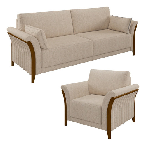 Kit Sofá Living 3 Lugares E Poltrona Linho Cru Mpozenato Cor Creme