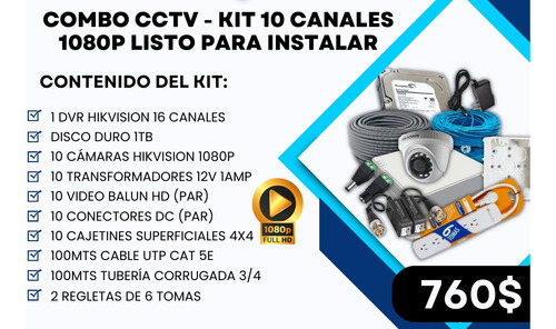 Kit Hikvision 1080p 10 Cámaras (todo Incluido)