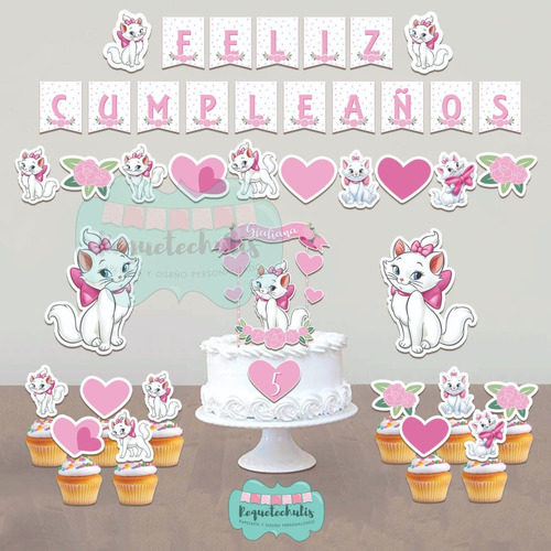 Kit Deco Cumple Cake Topper Banderín Pinchos Gatita Marie