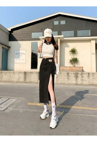 Moda De Verano De Mujer Con Falda Midi De Mezclilla De Cintu