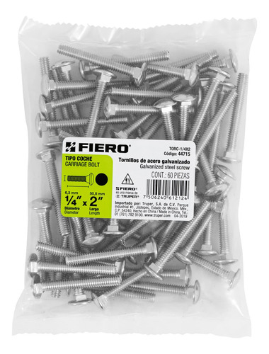 Bolsa Con 60 Tornillos 1/4''x2'' Tipo Coche, Fiero 44715