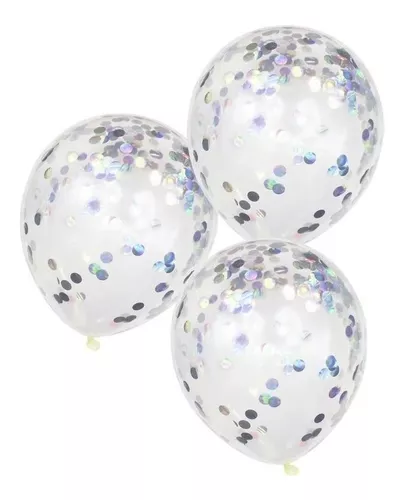 Set 10 Globos Transparente Cristal Confetti Y Plateado