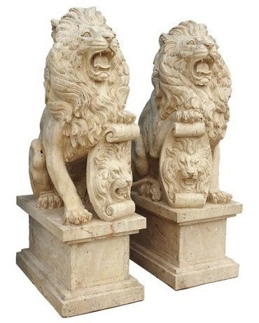 Par Esculturas Leões Esculpidos Mármore Travertino