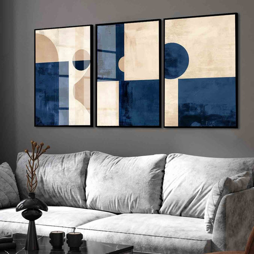Kit 3 Quadros Decorativos Abstrato Azul Bege Moldura Vidro