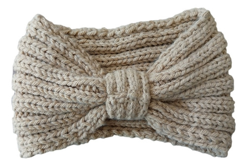 Vincha Tejida Lana Con Moño Ancha Beige