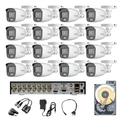 Kit Circuito Cerrado Hilook Dvr 16 Canales 16 Cámaras 1080p 2mp Audio Thc-b129-ps Video A Color Video Baluns Con Disco Duro 1tb