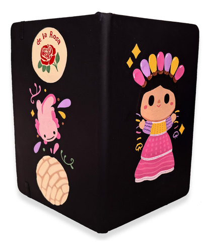 Libreta Personalizada A5 Muñeca Mexicana Pintada A Mano Negro