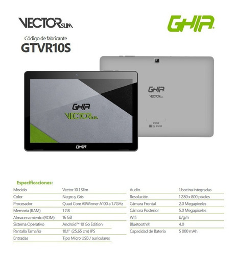 Tablet Ghia 10.1 Vector 1gb Ram 16gb Wifi5000mah Android 10