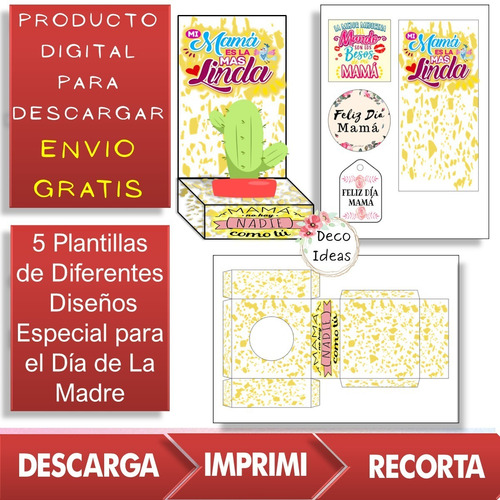 Imagen 3 de 4 de Kit N001 Imprimible Caja Portamacetas Dia De La Madre Cactus
