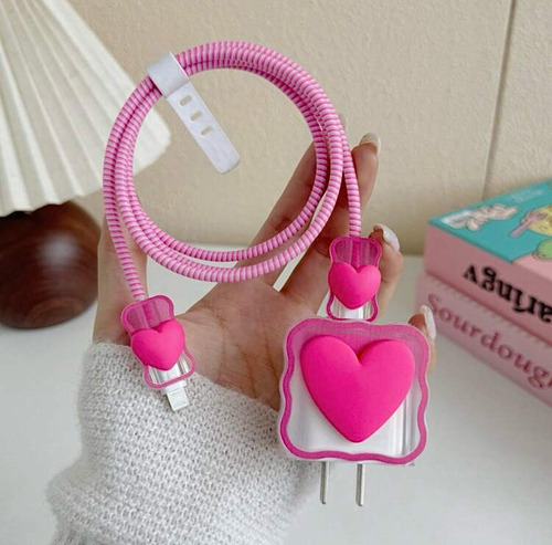 Funda Para Cargador Corazones Rosa Aesthetic Importada Rosa Chicle
