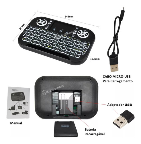 Mini Teclado Sem Fio 2.4g E Bluetooth Rgb Para Smart Tv E Pc
