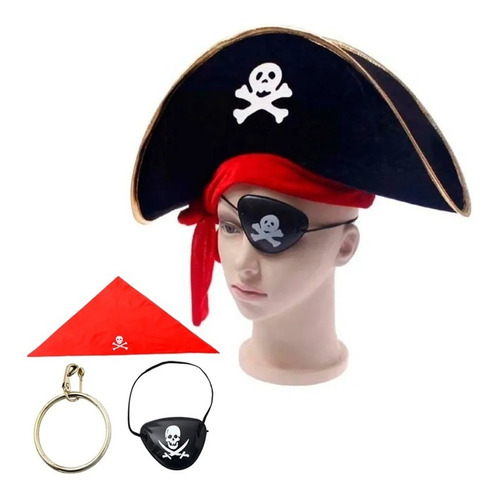 Set Disfraz Pirata Sombrero Parche Pañoleta Y Pendiente 