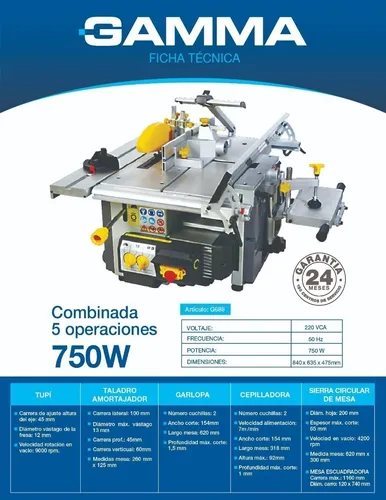 Maquina Combinada Carpintería 5 Funciones Madera Gamma G888