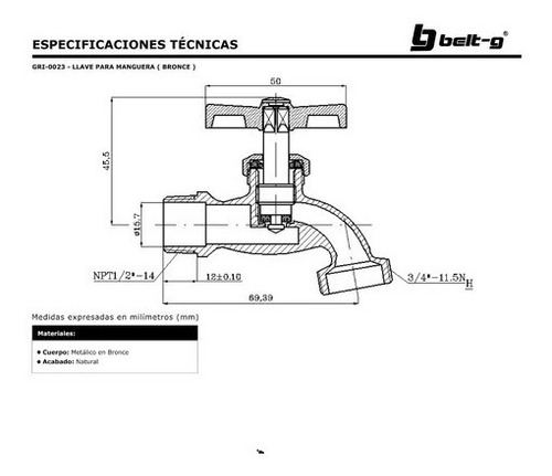 Llave De Chorro Belt-g Gri-0023 De Bronce Gs