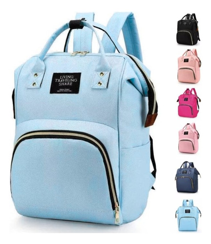 Mochila Bolsa Maternidade Multifuncional Térmica Espaçosa Cor Azul Bebê Desenho Do Tecido Lisa