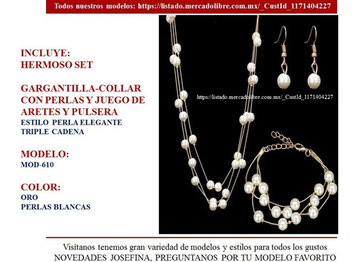 Set 610) Joyeria Conjunto Collar Aretes Pulsera Oro Perla