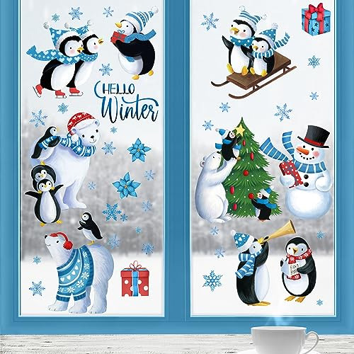 69pcs Hello Winter Penguin Window Clings 9 Sheets, Snow...