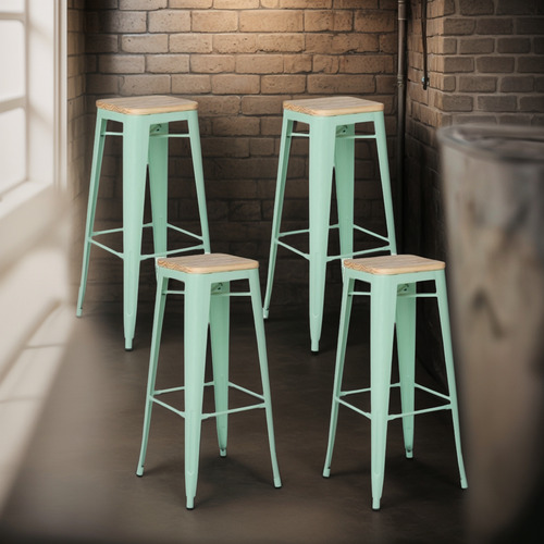 Pack 4 Taburete Piso Metal Tolix Asiento Madera Lf5-03w Gw