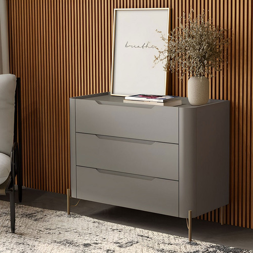 Cômoda Com 3 Gavetas 97cm Pés Em Metal 100% Mdf Cor Grigio Com Dourado